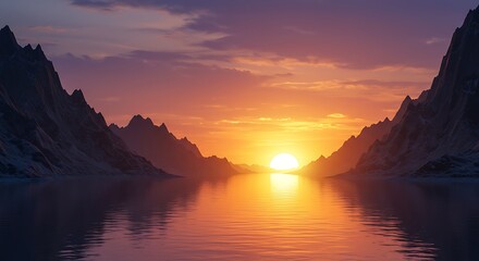 Serene sunset over calm lake and majestic mountains