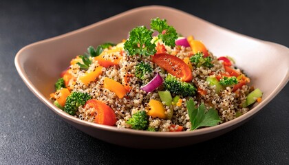 a bowl of quinoa salad filled with colorful vegetables and fresh parsley looks healthy and delicious on a dark textured surface