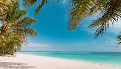 Fototapeta premium palm trees leaning over white sand beach meeting turquoise ocean under pastel sky view