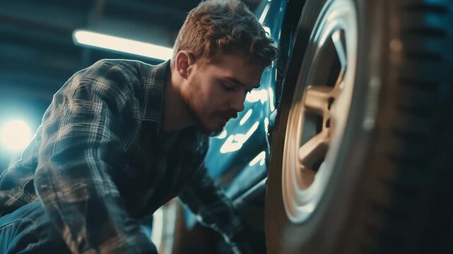A young mechanic examines the tires of a car in a well lit workshop during the evening, focusing on details and ensuring quality