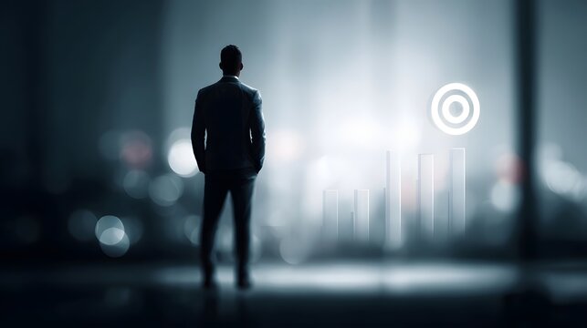 Businessman facing a glowing futuristic data graph and target icon with hands in pockets