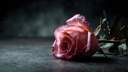 A single pink rose lying on a dark surface background