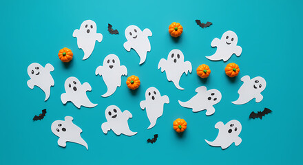 Cute Halloween Ghosts, Pumpkins, and Bats on Teal Background