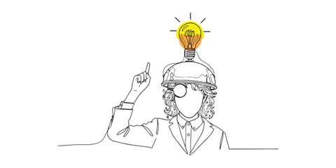 Minimalist line art illustration of a person wearing a helmet with a glowing light bulb on top, symbolizing creativity, innovation, brainstorming, and having a great idea.