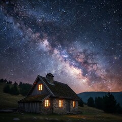 Night Sky Over Cozy Cabin.