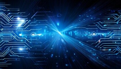 abstract blue circuit board background with glowing dots and bokeh lights on dark black background ideal for digital technology concept designs and modern electronic themes highlighting connectivity