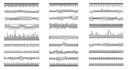 Set of circuit board elements in black and white style vector illustration