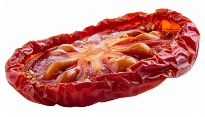 hyper detailed macro study of a falling dried tomato isolated on white background with full depth of field