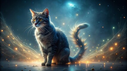A Gray Cat with a Magical, Illuminated Tail Sits Serenely Amidst Glowing, Mystical Hills Under a Starlit Night Sky
