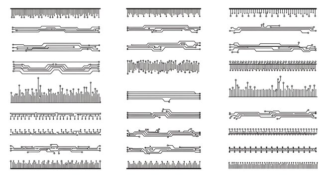 Set of circuit board elements in black and white style vector illustration
