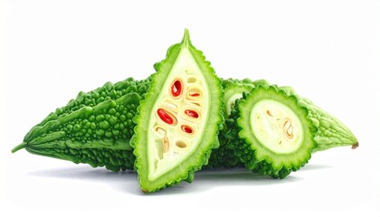 Two halves of bitter melon on white background, revealing bumpy green skin and pale interior with red seeds—evoking texture, contrast, and the botanical choreography of bitterness and vitality.