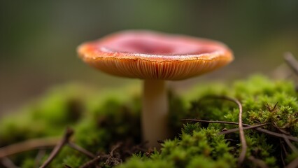 Close-up of red mushroom with gills in green moss