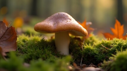 Mushroom in autumn forest with moss and leaves