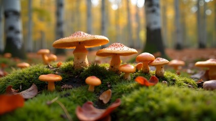 Mushrooms with orange caps in autumn birch forest