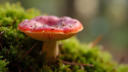 Red russula mushroom on green moss close-up
