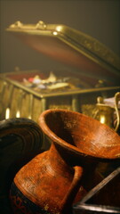 A collection of golden artifacts and jewelry illuminated softly, suggesting the mystery of an ancient cache of riches.