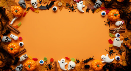 Halloween frame with pumpkins, ghosts, skulls, spiders, and autumn leaves on a vibrant orange background with copy space, flat lay.