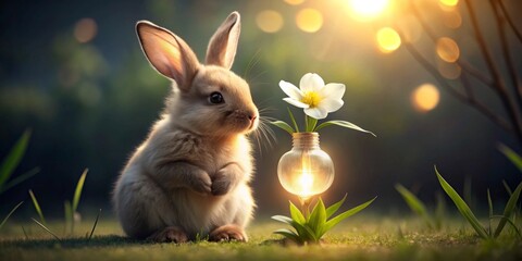 A fluffy bunny sits serenely beside a glowing light bulb holding a delicate flower, bathed in the warm light of a setting sun, a whimsical scene of nature's gentle beauty.