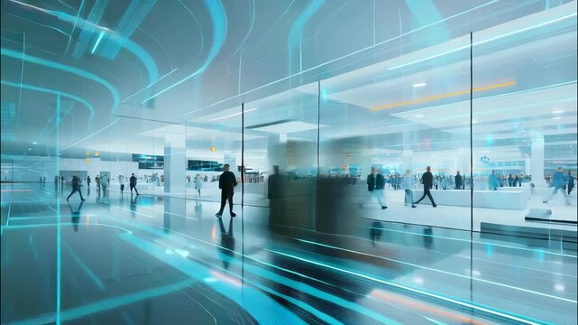 Businesspeople are walking through a modern office building with augmented reality projections, showcasing the integration of technology in the workspace
