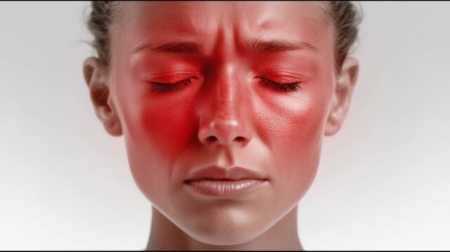 Chronic and Sinusitis concept ,young woman with red facial inflammation cheek forehead closed eye expressing pain and sinus