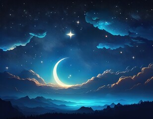 starry night sky with crescent moon and glowing clouds in a dark blue atmosphere