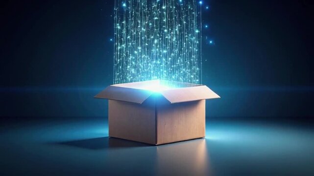 Unleashing digital innovation with a burst of data streaming from an open cardboard box, a powerful concept for technology solutions and groundbreaking ideas