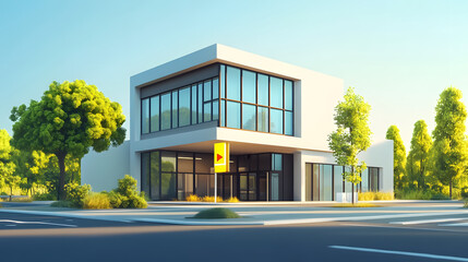 A cute and quirky 3D-rendered illustration of a modern office building - AI-generated.