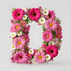 Lush Bright Magenta Gerbera Daisies and Smaller Pink Flowers Form the Bold Capital Letter D Isolated on a White Background