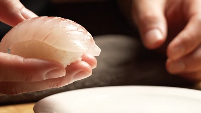 Master Sushi Chef's Hands Meticulously Crafting and Plating a Delicate Piece of Nigiri