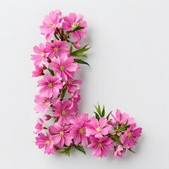 Capital Letter L made out of pink flowers and plants isolated on white background, Concept for Floral Alphabet and typography