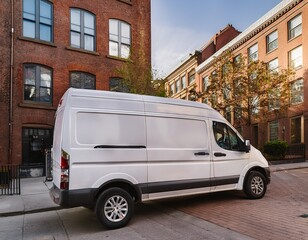 white delivery van parked on a city street in front of brownstone buildings