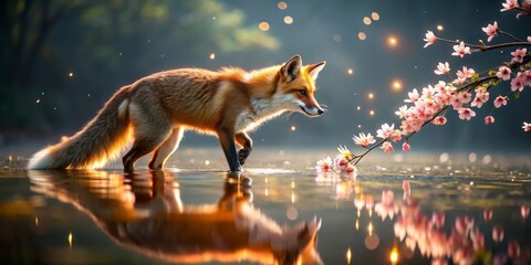 A Red Fox's Serene Encounter with Blossoms Reflecting in Calm Water at Dawn