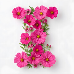 Capital Letter I made out of pink flowers and plants isolated on white background, Concept for Floral Alphabet and typography
