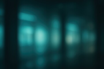 Teal and dark blue abstract background features soft, blurred light forms and reflections, creating a dreamlike atmosphere with a mysterious and calming feel from the interplay of color and depth.