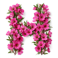Capital Letter H made out of pink flowers and plants isolated on white background, Concept for Floral Alphabet and typography