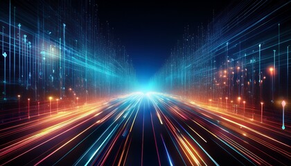 abstract digital background with dynamic light trails and glowing data connections symbolizing high speed cloud computing cybersecurity and futuristic technology innovation