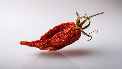 minimalist vivid study of a falling dried tomato on crisp white background with advanced depth cues