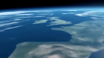 An ultra-realistic, conceptual animation showing the United Kingdom from orbit, challenging the flat earth theory with a clear view of the planet's curve - Powered by Adobe