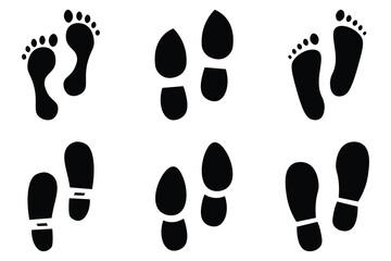 Collation of different human footprints icon set. Human footprint shoe print silhouette collection. Imprint soles shoe and foot silhouette. Male and female tracks. Vector illustration. 