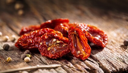 detailed macro photograph of sundried tomatoes on a rustic background with natural textures and vibrant colors