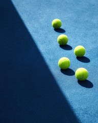 Bright Yellow Tennis Balls on Blue Court Surface with Sunlight and Shadow Effects in Sports Environment