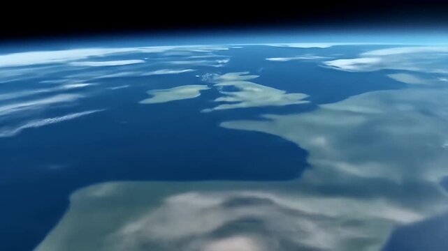 An ultra-realistic, conceptual animation showing the United Kingdom from orbit, challenging the flat earth theory with a clear view of the planet's curve