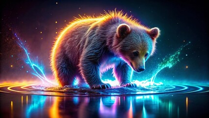 A Young Bear Cub Illuminated by Vibrant, Ethereal Energy, Standing on a Reflective Surface of Water, Surrounded by Glowing Particles