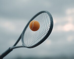 Close-Up of a Tennis Racket and Ball Against a Dramatic Sky During a Game of Sport and Competition