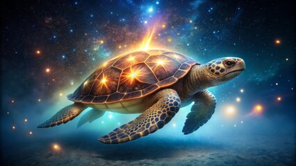 Celestial Sea Turtle A Mystic Creature Illuminated by Cosmic Radiance, Gliding Through the Deep Ocean Depths