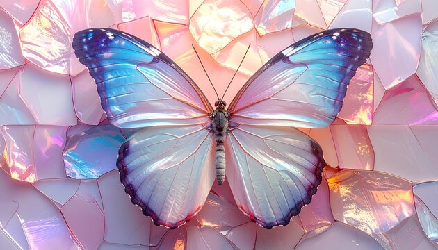 Blue Morpho Butterfly on Iridescent Pink Crystal Glass Mosaic Background