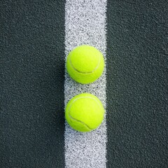 Close-Up View of Bright Yellow Tennis Balls on a Dark Tennis Court Surface with a White Line