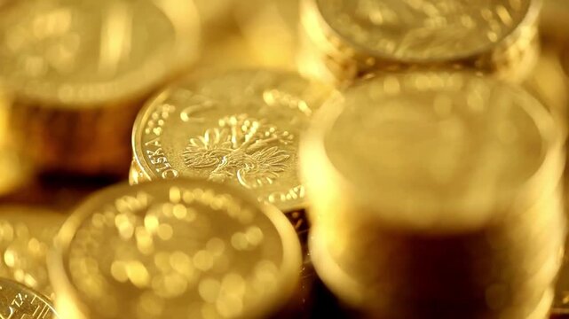 Gold coin stop motion animation Four piles of gold money coins decreasing fading disappear one by one at white isolated background, financial trading