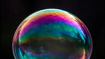 Fototapeta premium Soap Bubble Close-Up – Iridescent Colors from Light Interference on Spherical Surface Against Dark Background, Abstract, Physics, Optics, Beauty, Reflection, Thin Film