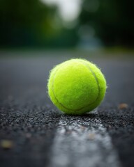 Bright Green Tennis Ball on Court Surface in Natural Light During Outdoor Game Setting